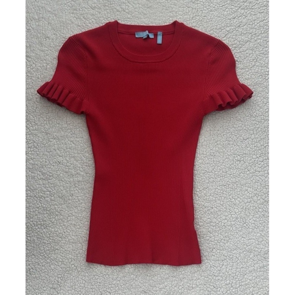 Women's Red Ribbed Short Sleeve Shirt Cap Ruffle Sleeve Top Size Small Stretchy